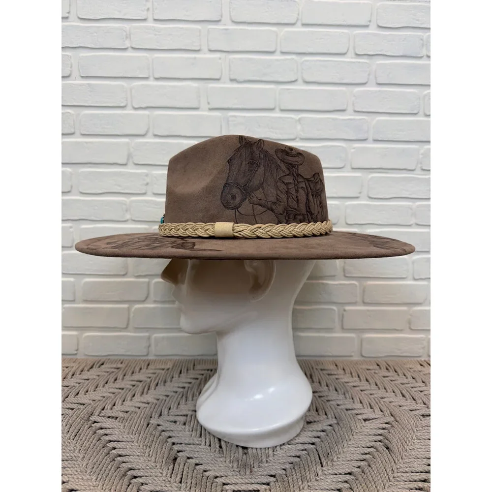 Sun Kissed Fedoras Cowgirl Hat Hand-Drawn Horse Floral Wide Brim
